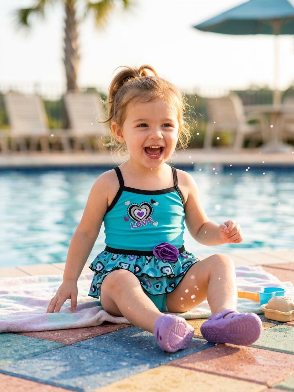 Kids Turquoise Heart 'Love' Ruffle One-Piece Swimsuit - Brand Unspecified